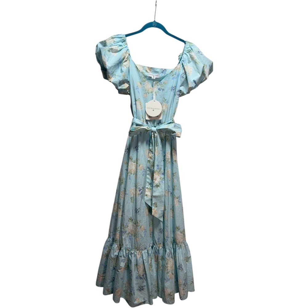 LoveShackFancy Blue‎ Floral Puff Sleeve Midi Dress Size 2 Tiered Hem for Target - Picture 3 of 12